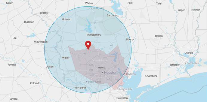 Map showing 60 minute drive radius from Tomball, TX